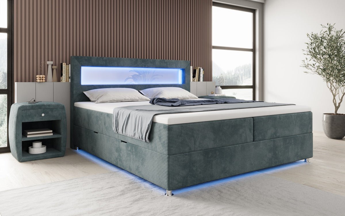 Boxspringbed Relax met LED, opbergruimte en USB/C in Ribstof