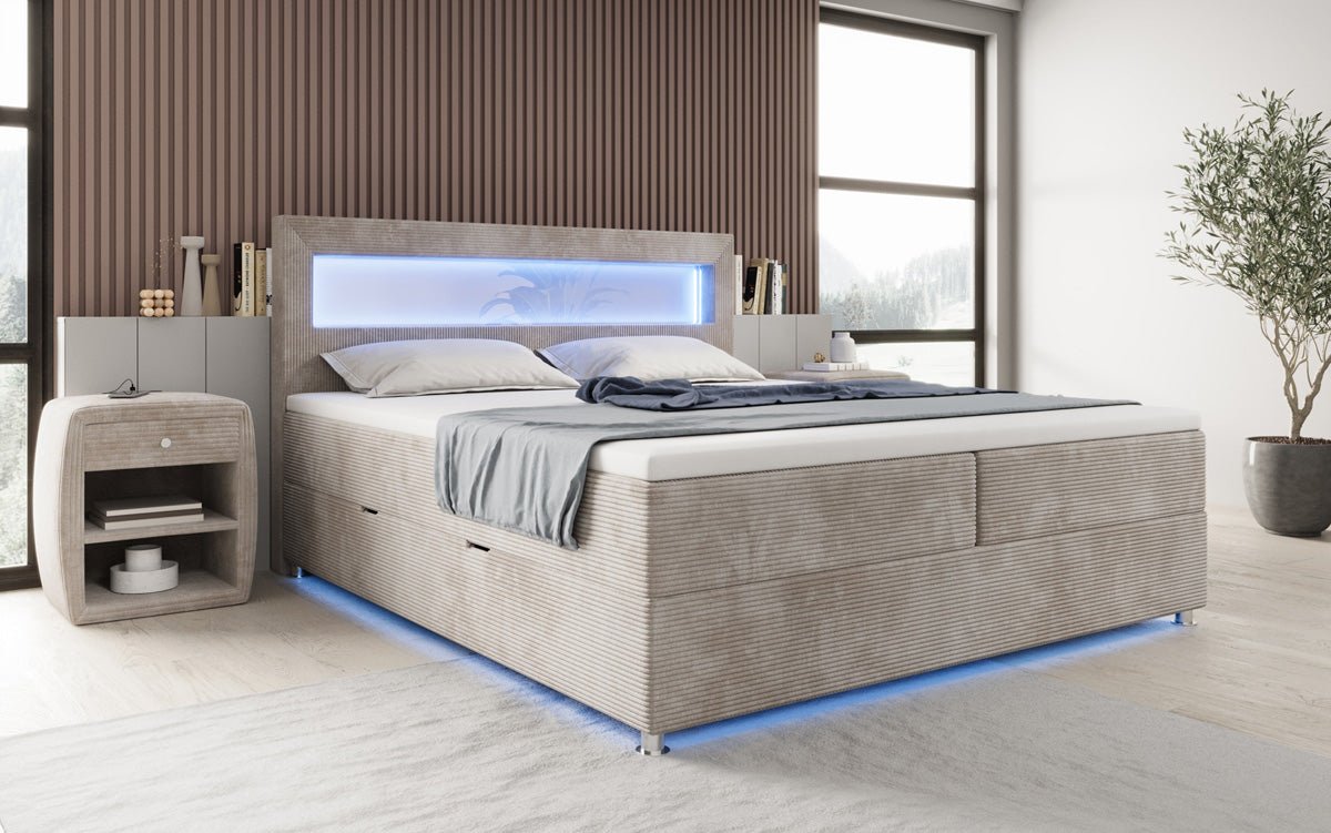 Boxspringbed Relax met LED, opbergruimte en USB/C in Ribstof