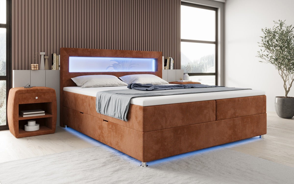 Boxspringbed Relax met LED, opbergruimte en USB/C in Ribstof