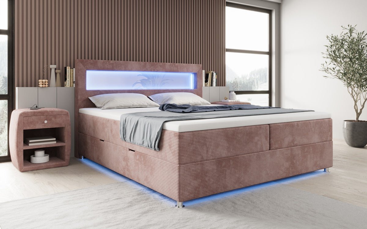 Boxspringbed Relax met LED, opbergruimte en USB/C in Ribstof