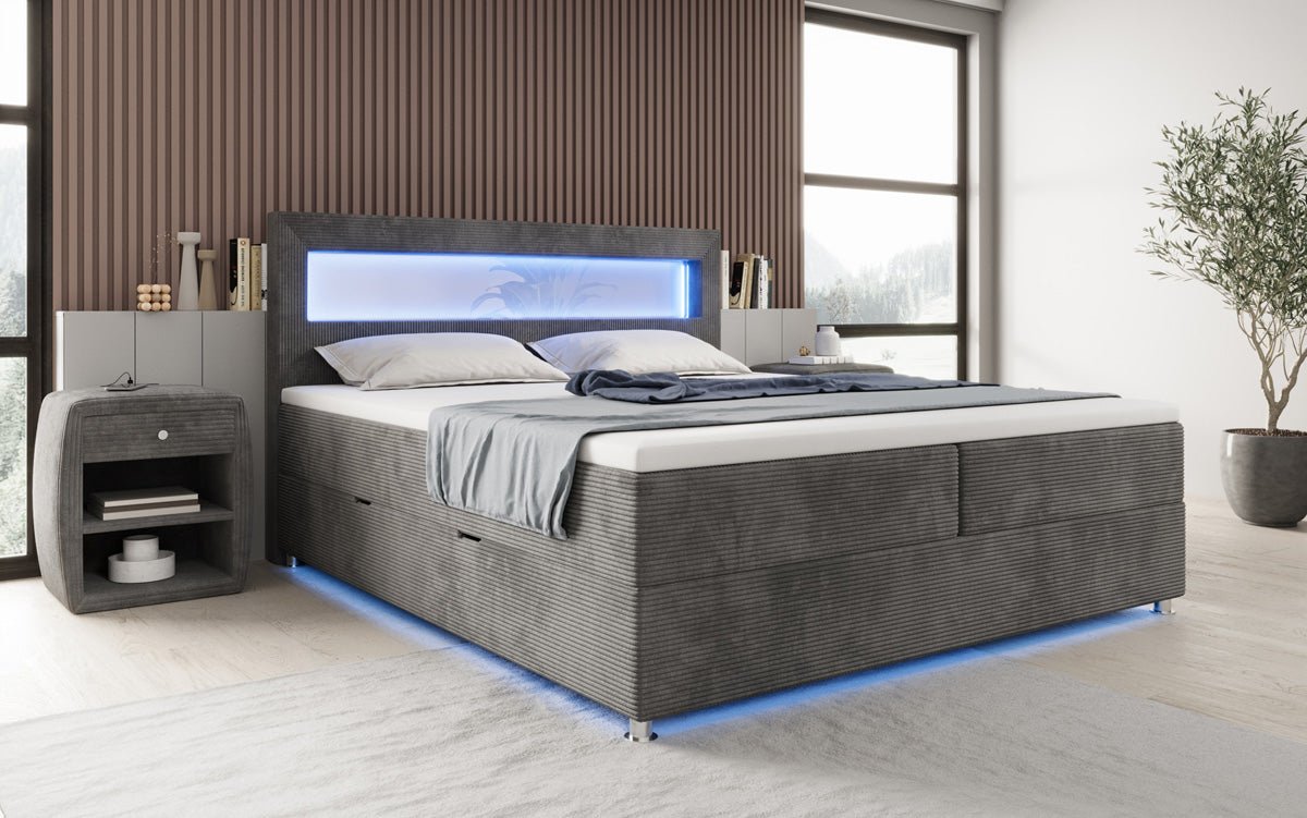 Boxspringbed Relax met LED, opbergruimte en USB/C in Ribstof