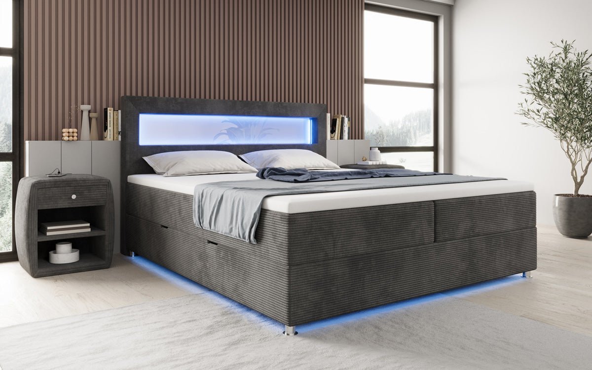 Boxspringbed Relax met LED, opbergruimte en USB/C in Ribstof