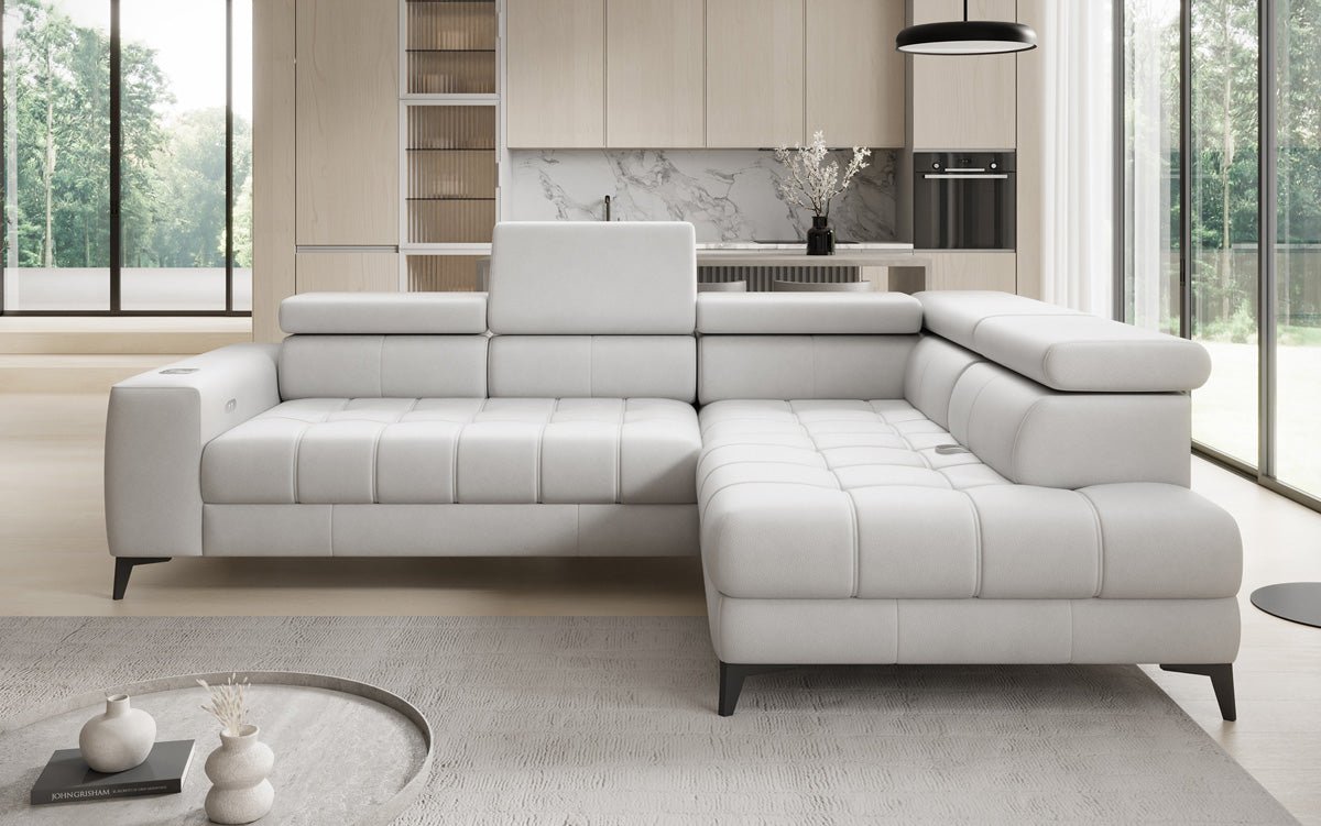 Designer L-bank Seluna met elektrische slaapfunctie, inductie en opbergruimte in echt leer