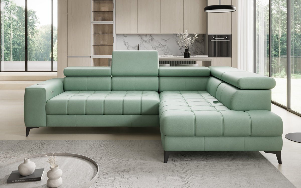 Designer L-bank Seluna met elektrische slaapfunctie, inductie en opbergruimte in echt leer