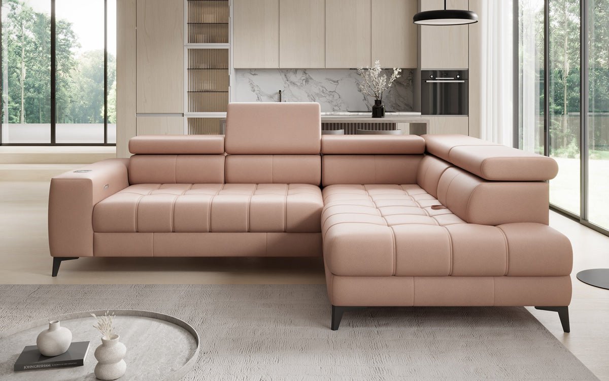Designer L-bank Seluna met elektrische slaapfunctie, inductie en opbergruimte in echt leer