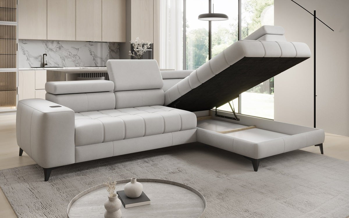 Designer L-bank Seluna met elektrische slaapfunctie, inductie en opbergruimte in echt leer