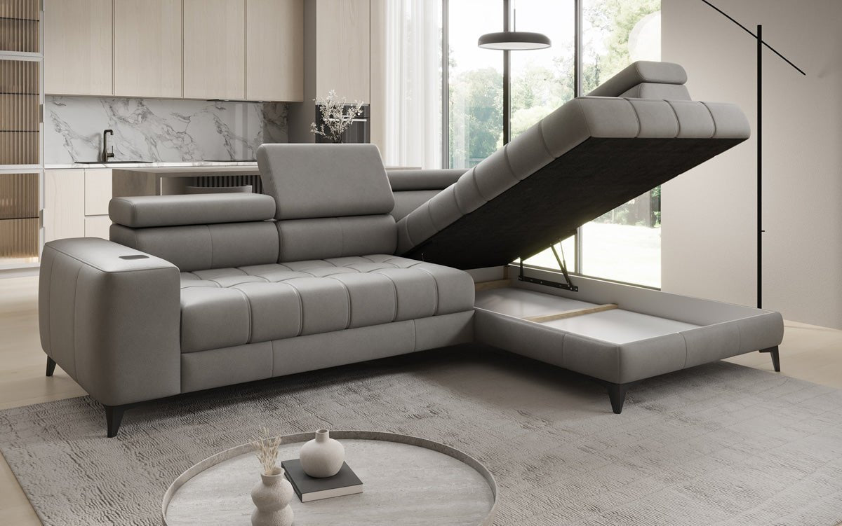 Designer L-bank Seluna met elektrische slaapfunctie, inductie en opbergruimte in echt leer
