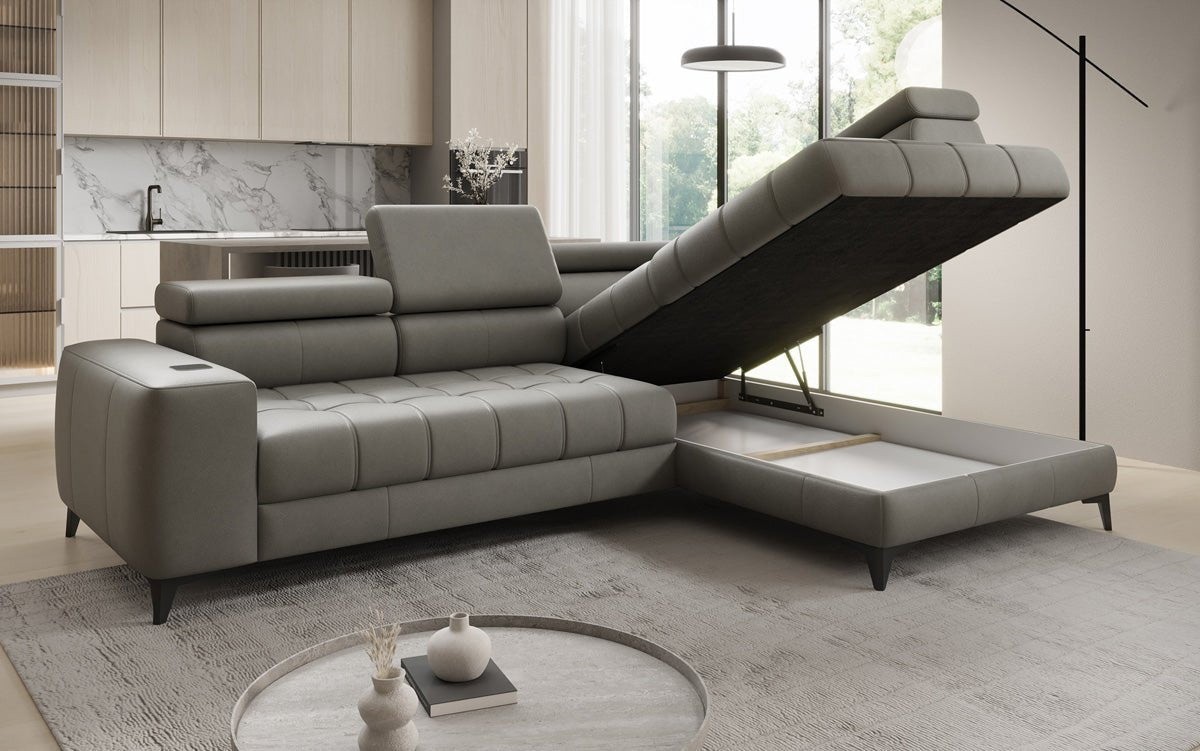 Designer L-bank Seluna met elektrische slaapfunctie, inductie en opbergruimte in echt leer