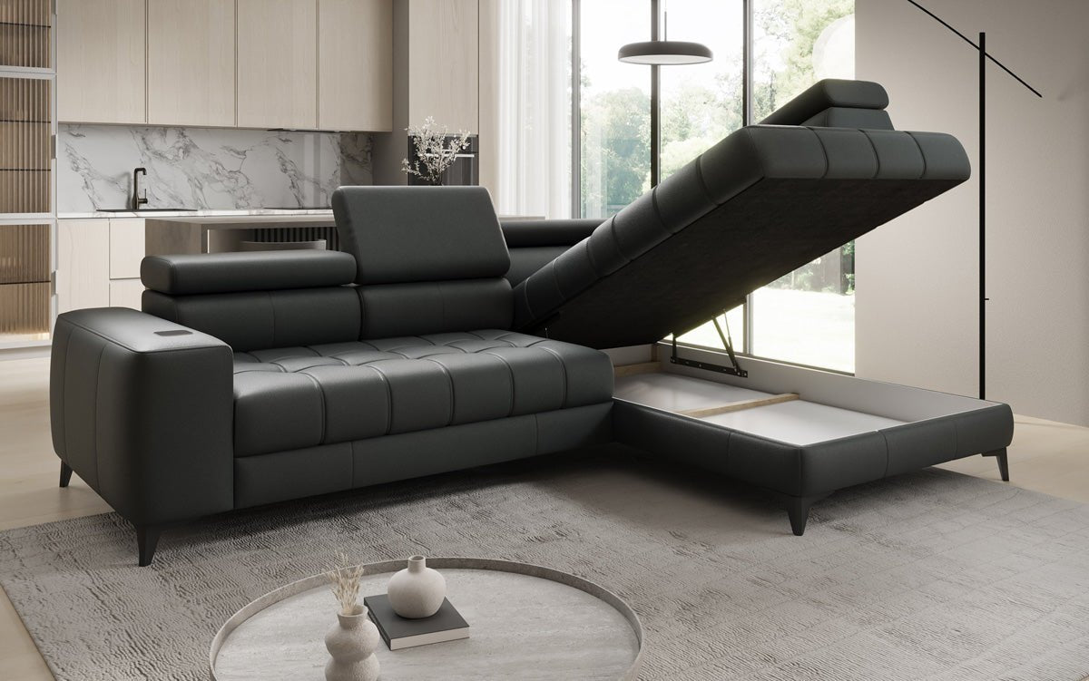Designer L-bank Seluna met elektrische slaapfunctie, inductie en opbergruimte in echt leer