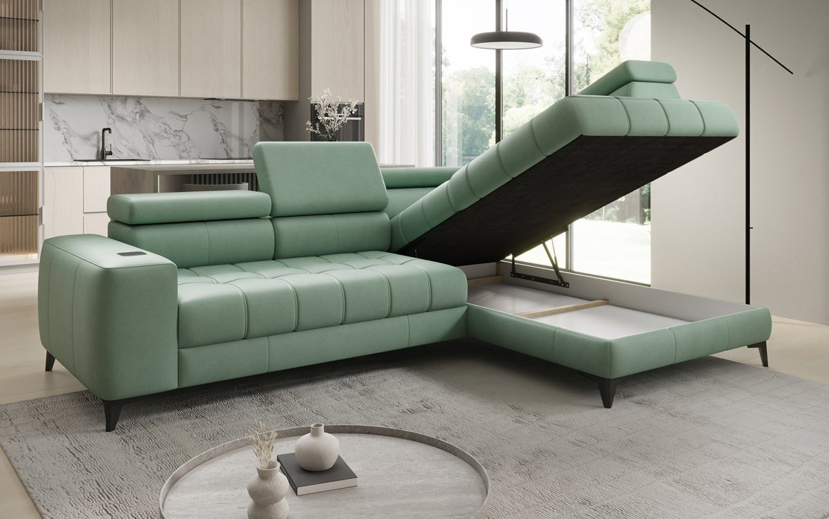 Designer L-bank Seluna met elektrische slaapfunctie, inductie en opbergruimte in echt leer