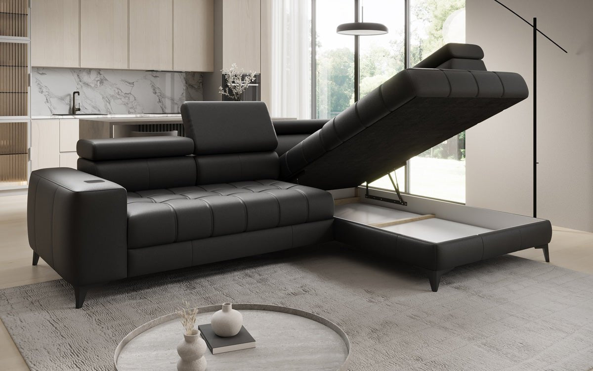 Designer L-bank Seluna met elektrische slaapfunctie, inductie en opbergruimte in echt leer