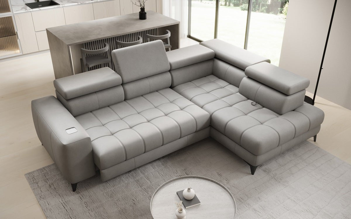 Designer L-bank Seluna met elektrische slaapfunctie, inductie en opbergruimte in echt leer
