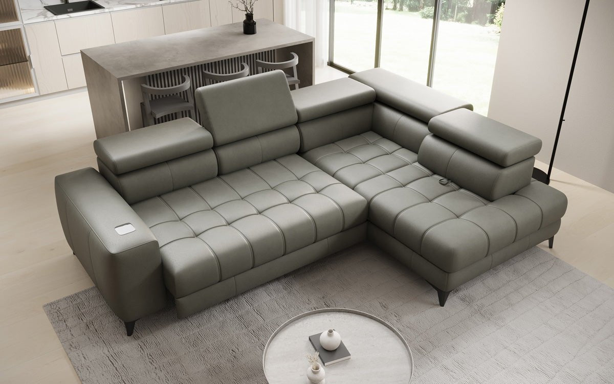 Designer L-bank Seluna met elektrische slaapfunctie, inductie en opbergruimte in echt leer