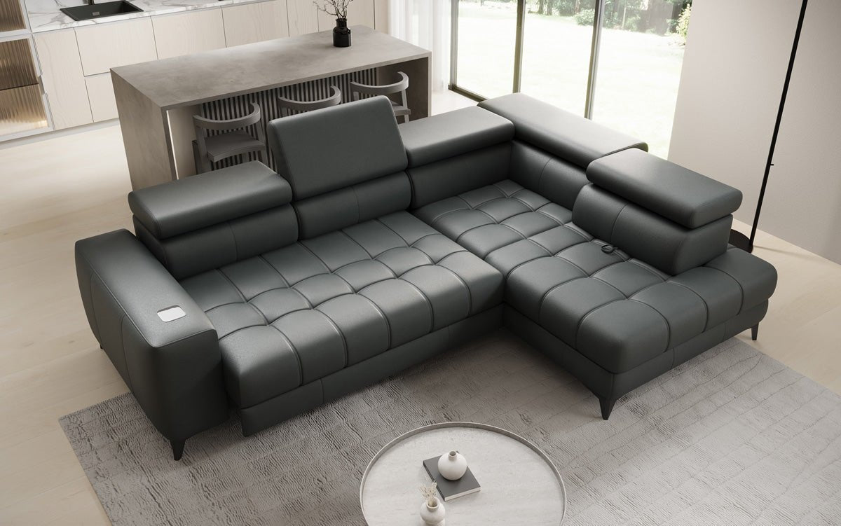 Designer L-bank Seluna met elektrische slaapfunctie, inductie en opbergruimte in echt leer