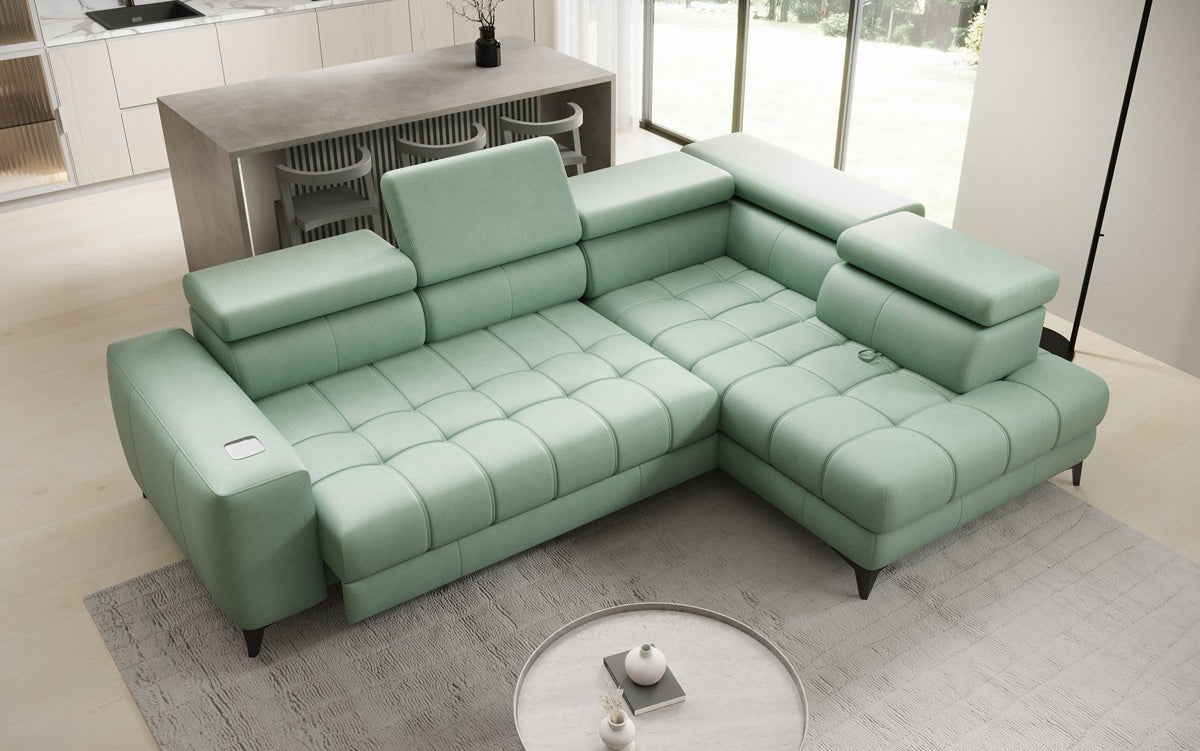 Designer L-bank Seluna met elektrische slaapfunctie, inductie en opbergruimte in echt leer