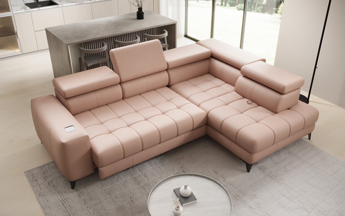 Designer L-bank Seluna met elektrische slaapfunctie, inductie en opbergruimte in echt leer