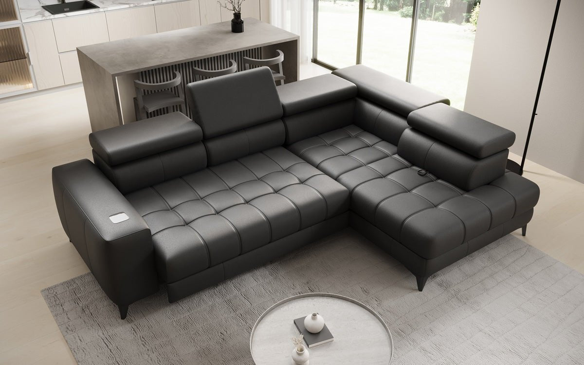 Designer L-bank Seluna met elektrische slaapfunctie, inductie en opbergruimte in echt leer
