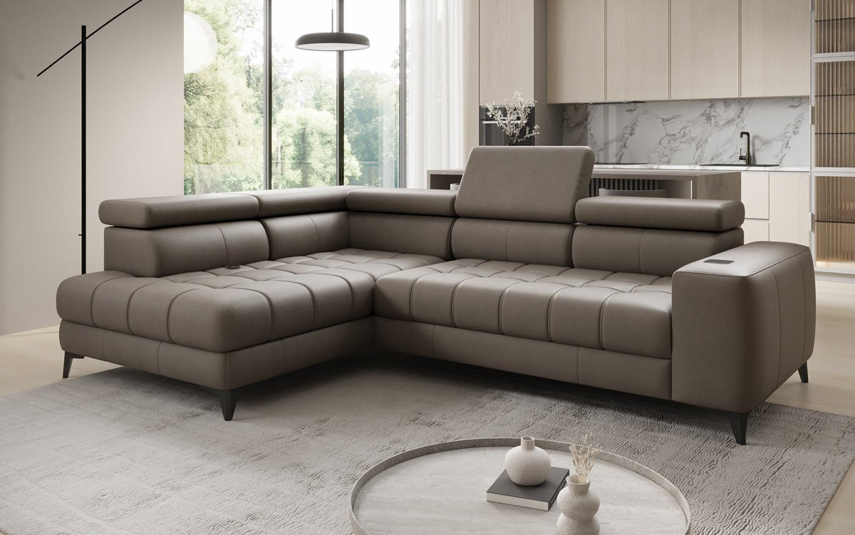 Designer L-bank Seluna met elektrische slaapfunctie, inductie en opbergruimte in echt leer