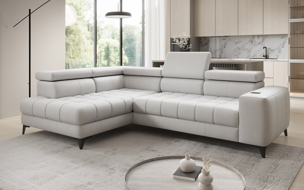 Designer L-bank Seluna met elektrische slaapfunctie, inductie en opbergruimte in echt leer