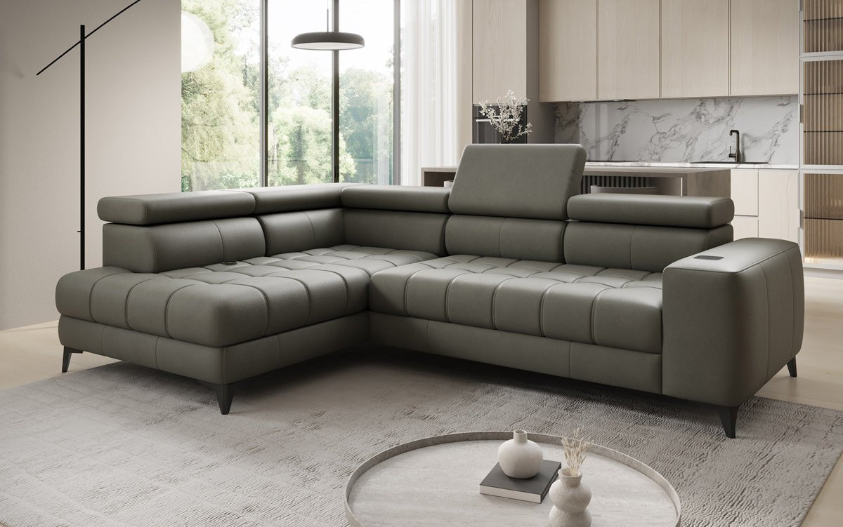 Designer L-bank Seluna met elektrische slaapfunctie, inductie en opbergruimte in echt leer