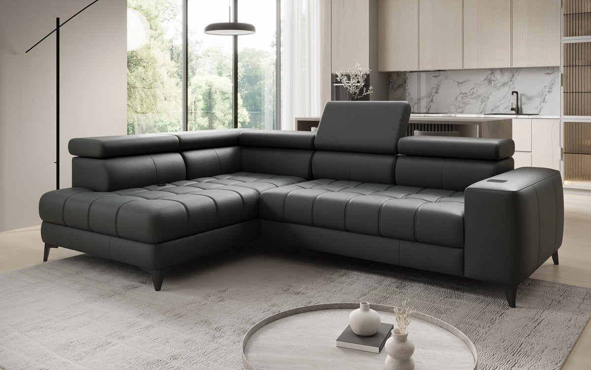 Designer L-bank Seluna met elektrische slaapfunctie, inductie en opbergruimte in echt leer