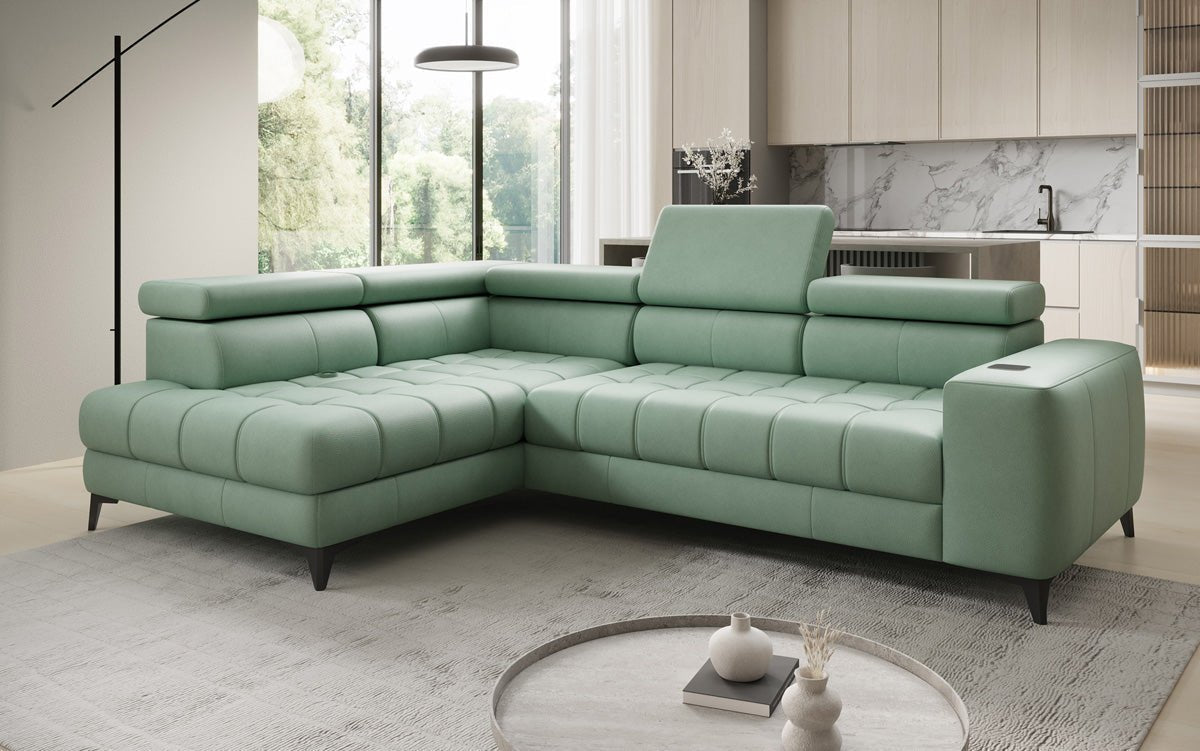 Designer L-bank Seluna met elektrische slaapfunctie, inductie en opbergruimte in echt leer