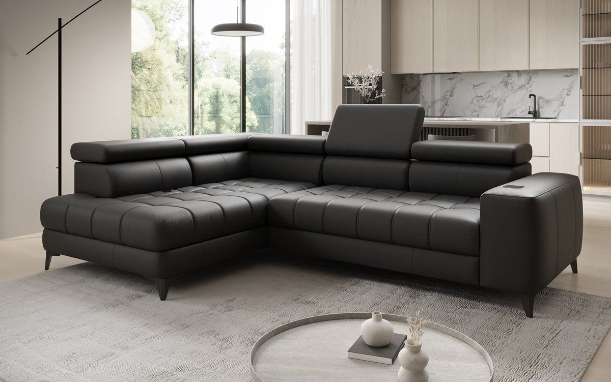 Designer L-bank Seluna met elektrische slaapfunctie, inductie en opbergruimte in echt leer