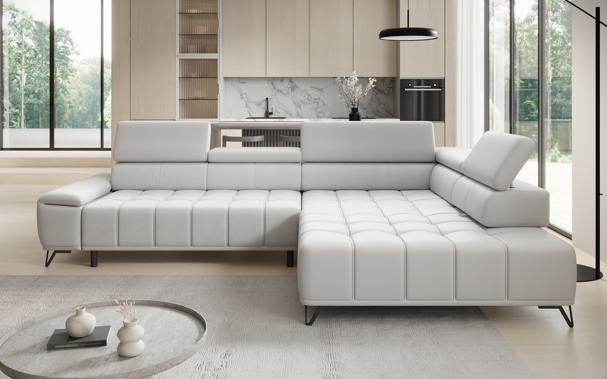 Designer L-bank Selora met elektrische slaapfunctie en verstelbare rugleuning in echt leer