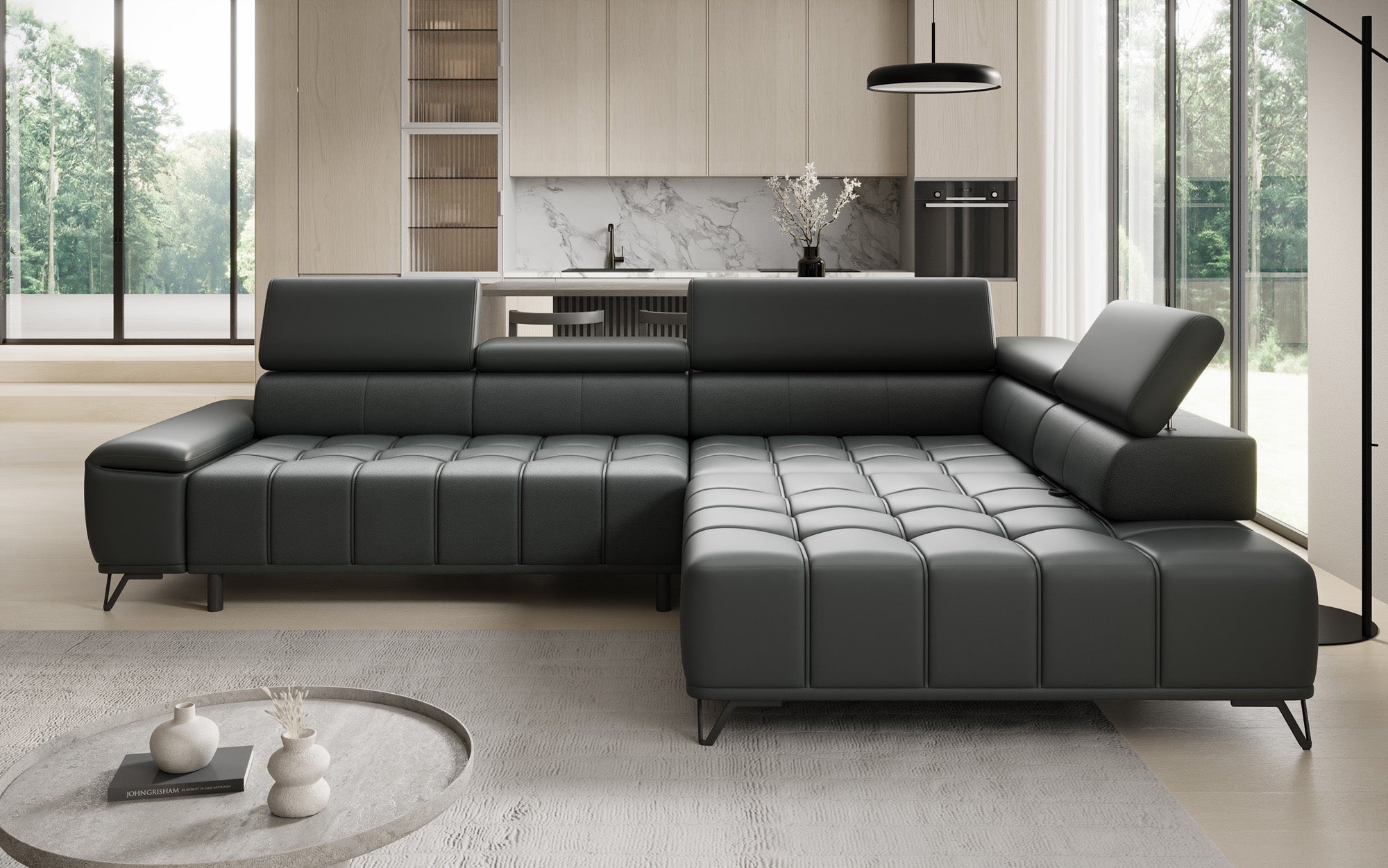 Designer L-bank Selora met elektrische slaapfunctie en verstelbare rugleuning in echt leer