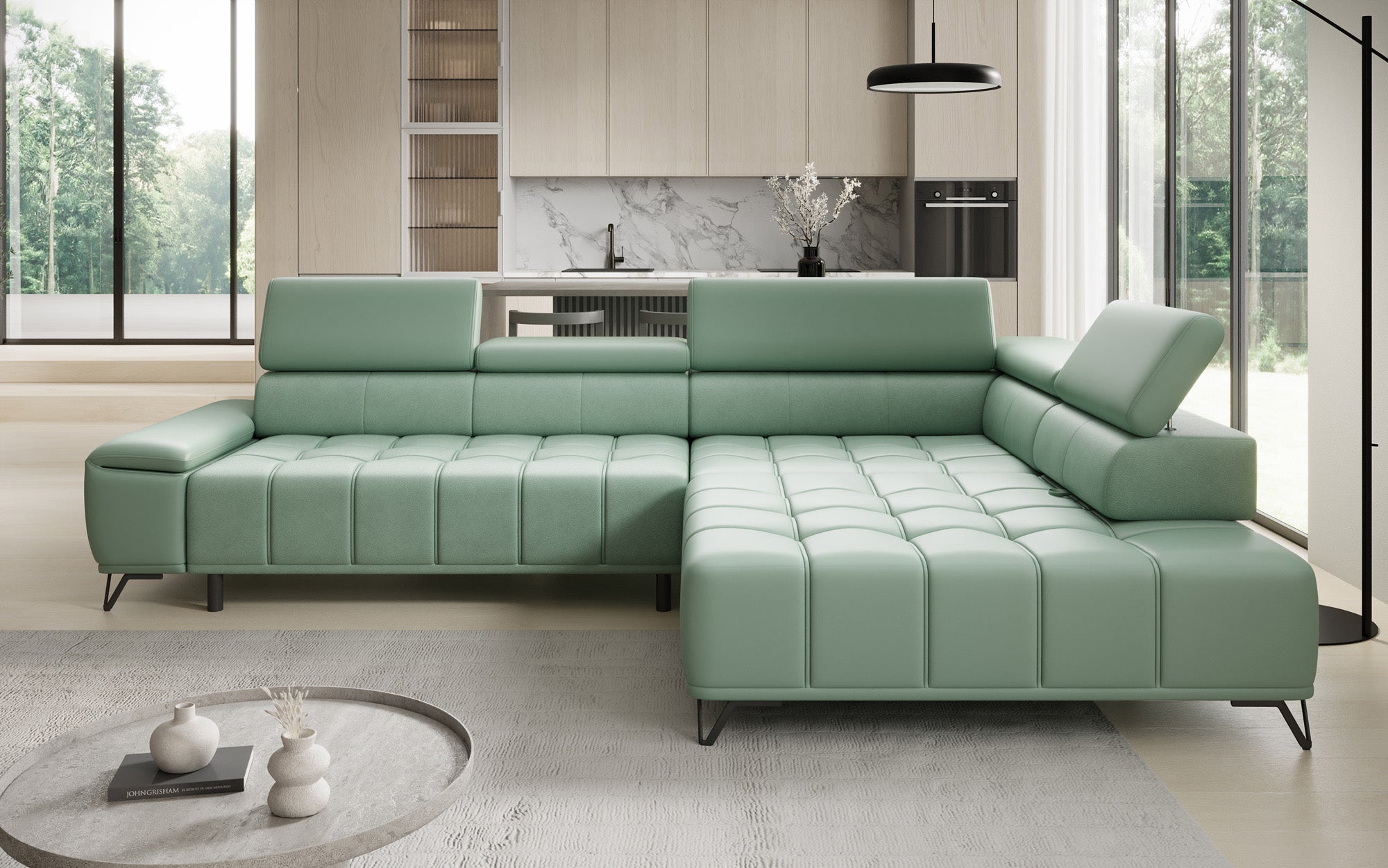 Designer L-bank Selora met elektrische slaapfunctie en verstelbare rugleuning in echt leer