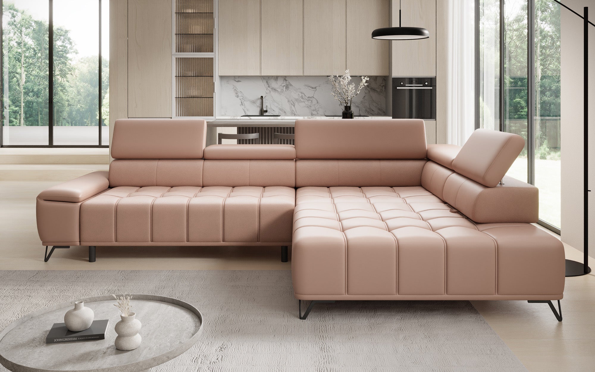 Designer L-bank Selora met elektrische slaapfunctie en verstelbare rugleuning in echt leer