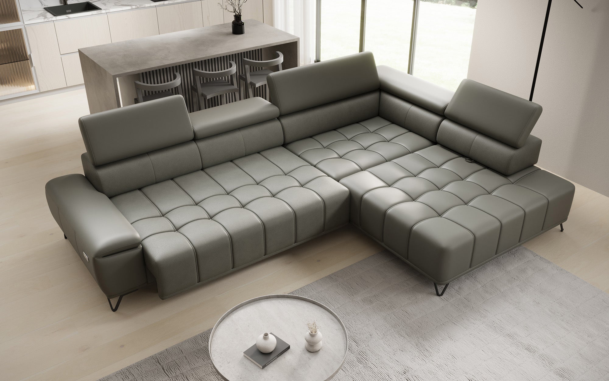 Designer L-bank Selora met elektrische slaapfunctie en verstelbare rugleuning in echt leer