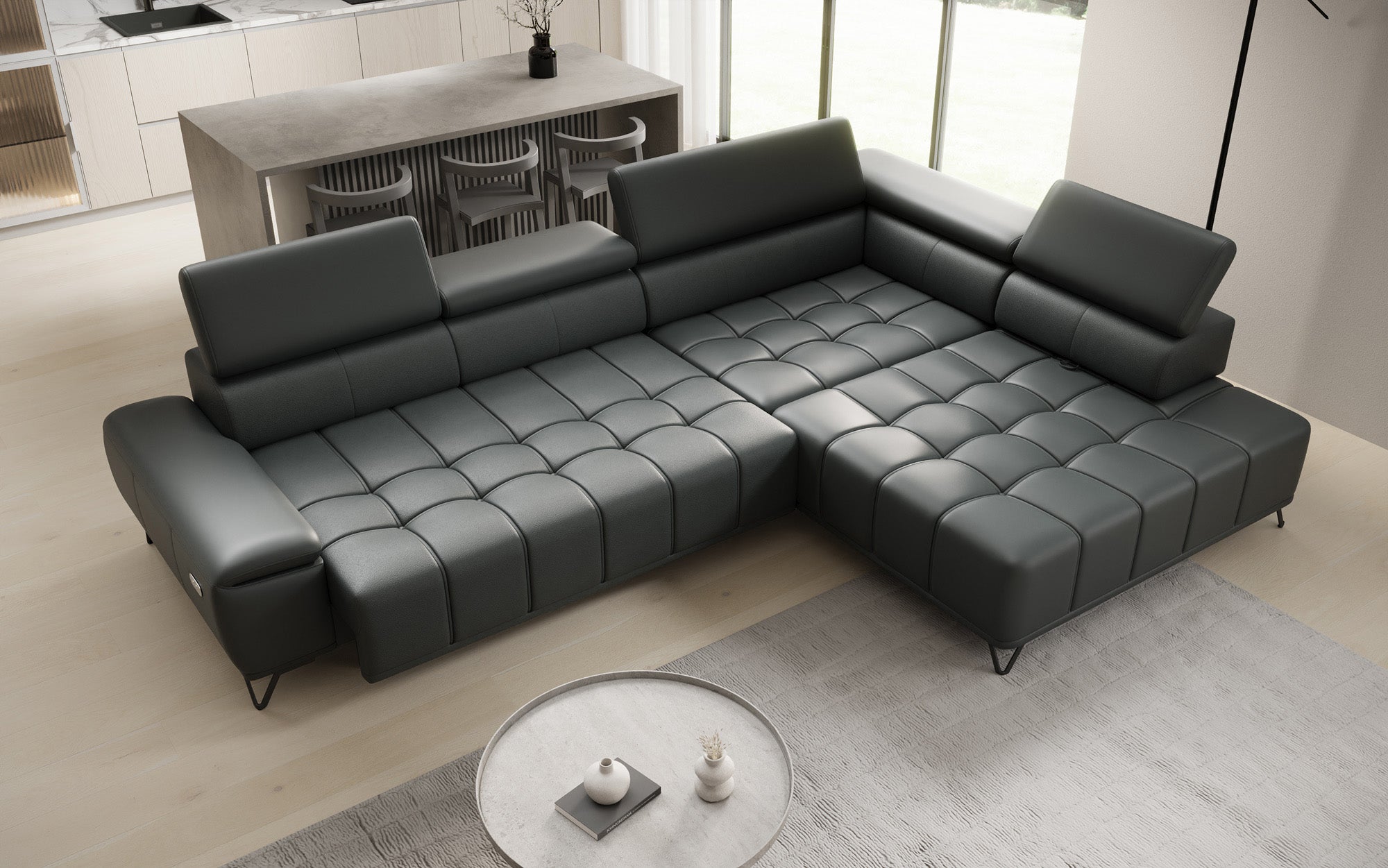 Designer L-bank Selora met elektrische slaapfunctie en verstelbare rugleuning in echt leer