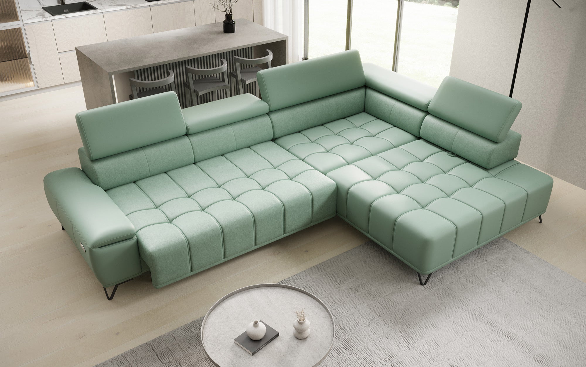 Designer L-bank Selora met elektrische slaapfunctie en verstelbare rugleuning in echt leer