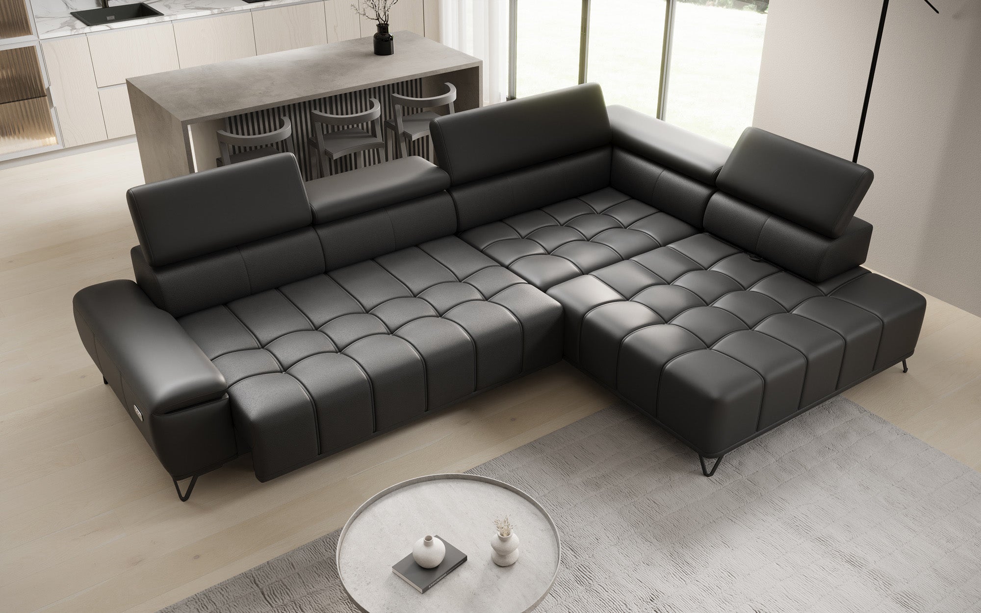 Designer L-bank Selora met elektrische slaapfunctie en verstelbare rugleuning in echt leer