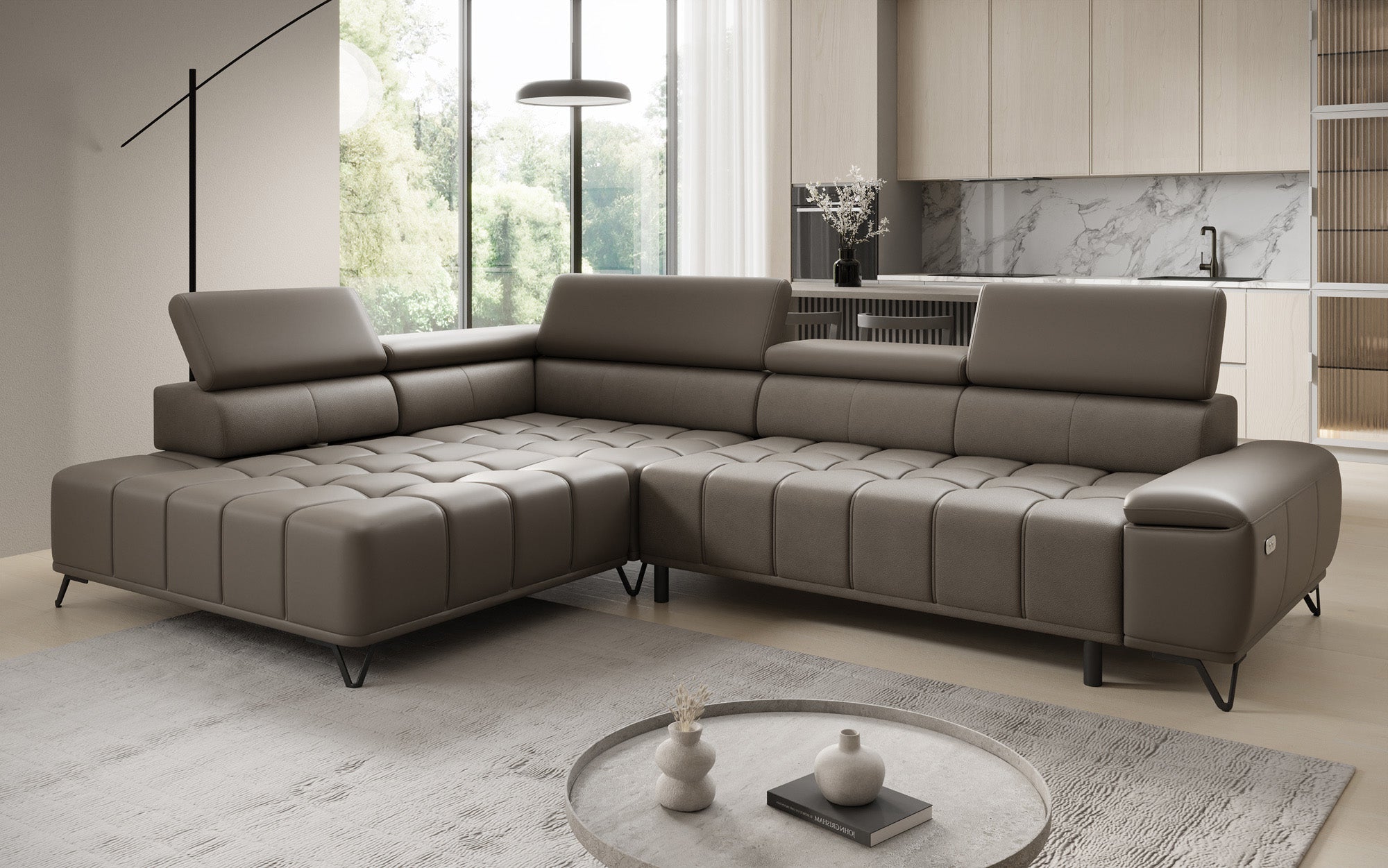 Designer L-bank Selora met elektrische slaapfunctie en verstelbare rugleuning in echt leer