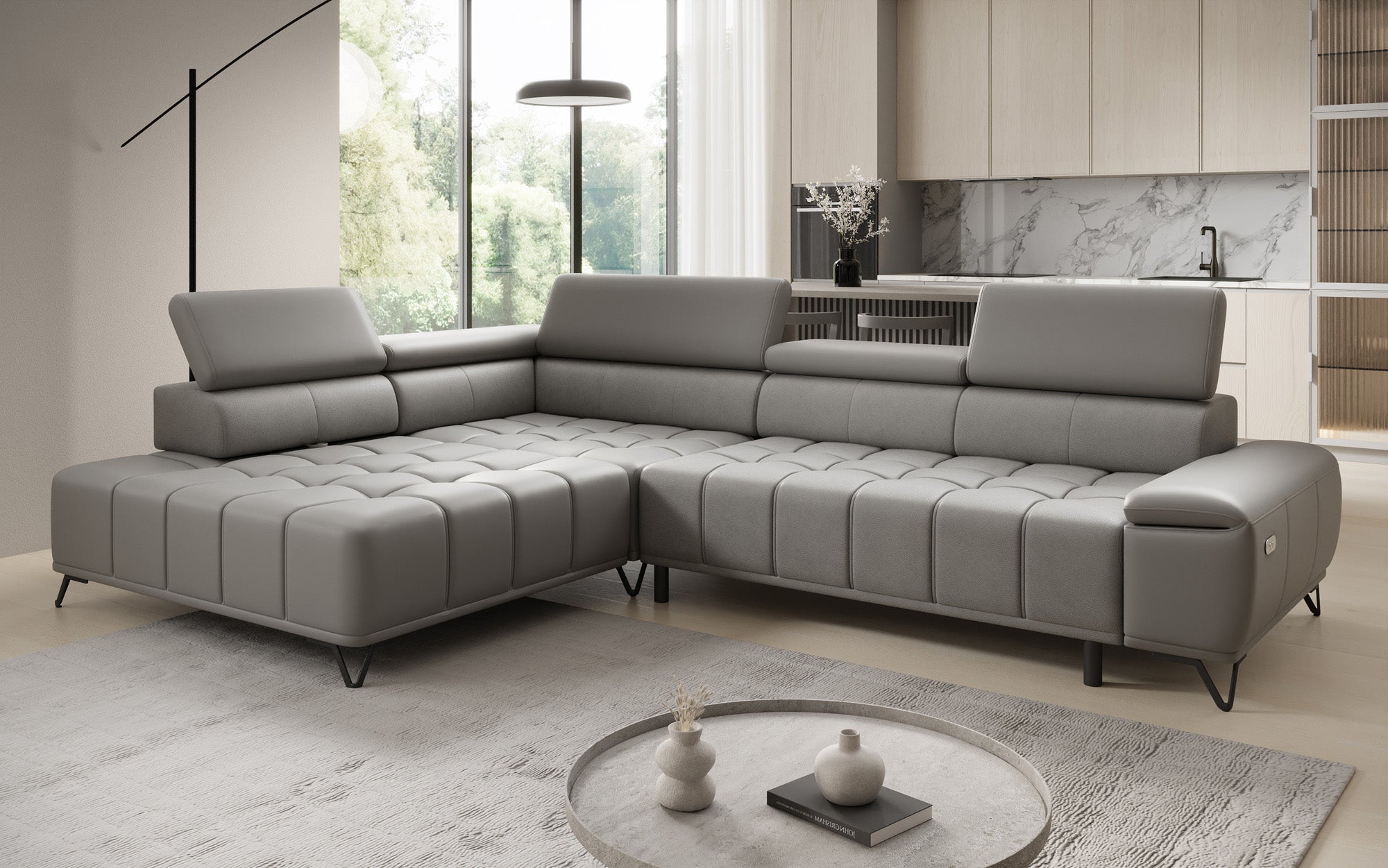 Designer L-bank Selora met elektrische slaapfunctie en verstelbare rugleuning in echt leer