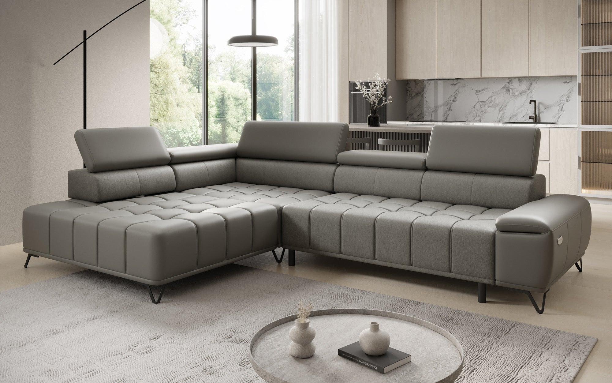Designer L-bank Selora met elektrische slaapfunctie en verstelbare rugleuning in echt leer