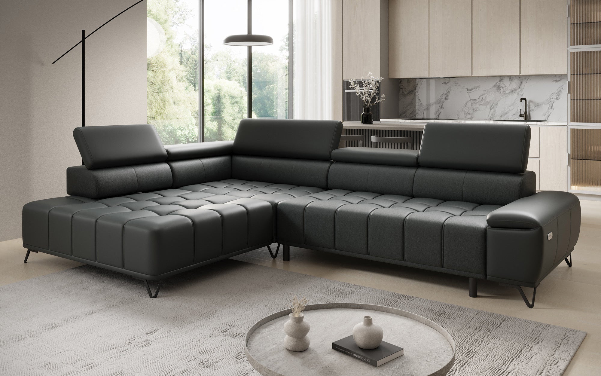 Designer L-bank Selora met elektrische slaapfunctie en verstelbare rugleuning in echt leer