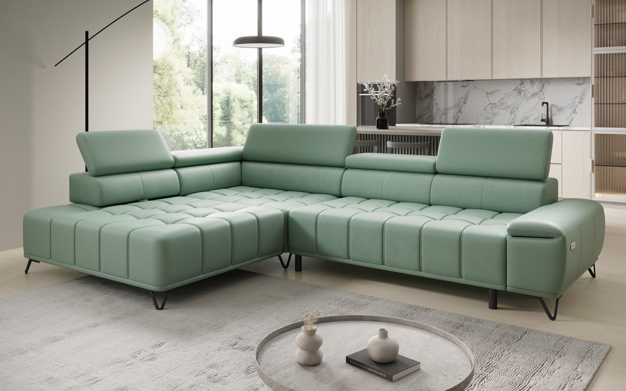 Designer L-bank Selora met elektrische slaapfunctie en verstelbare rugleuning in echt leer