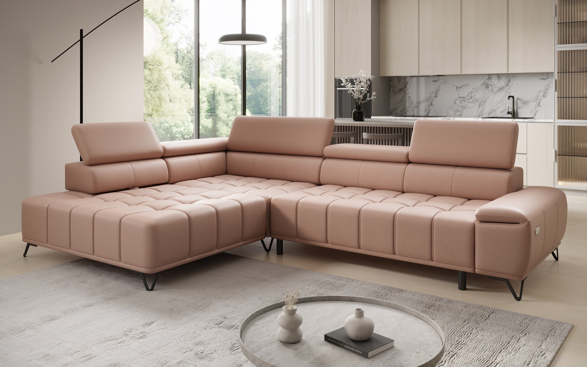 Designer L-bank Selora met elektrische slaapfunctie en verstelbare rugleuning in echt leer