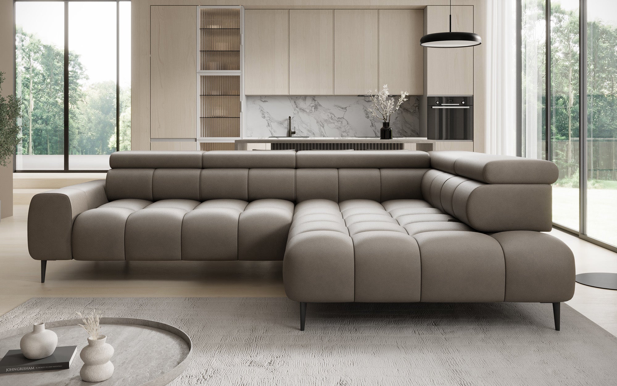 Canapé design Ceora L avec fonction de couchage électrique et dossier réglable en cuir véritable