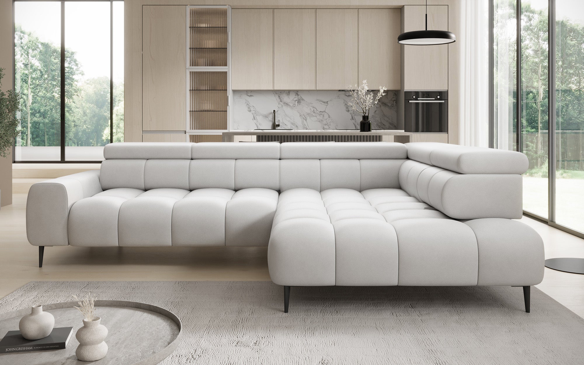 Canapé design Ceora L avec fonction de couchage électrique et dossier réglable en cuir véritable