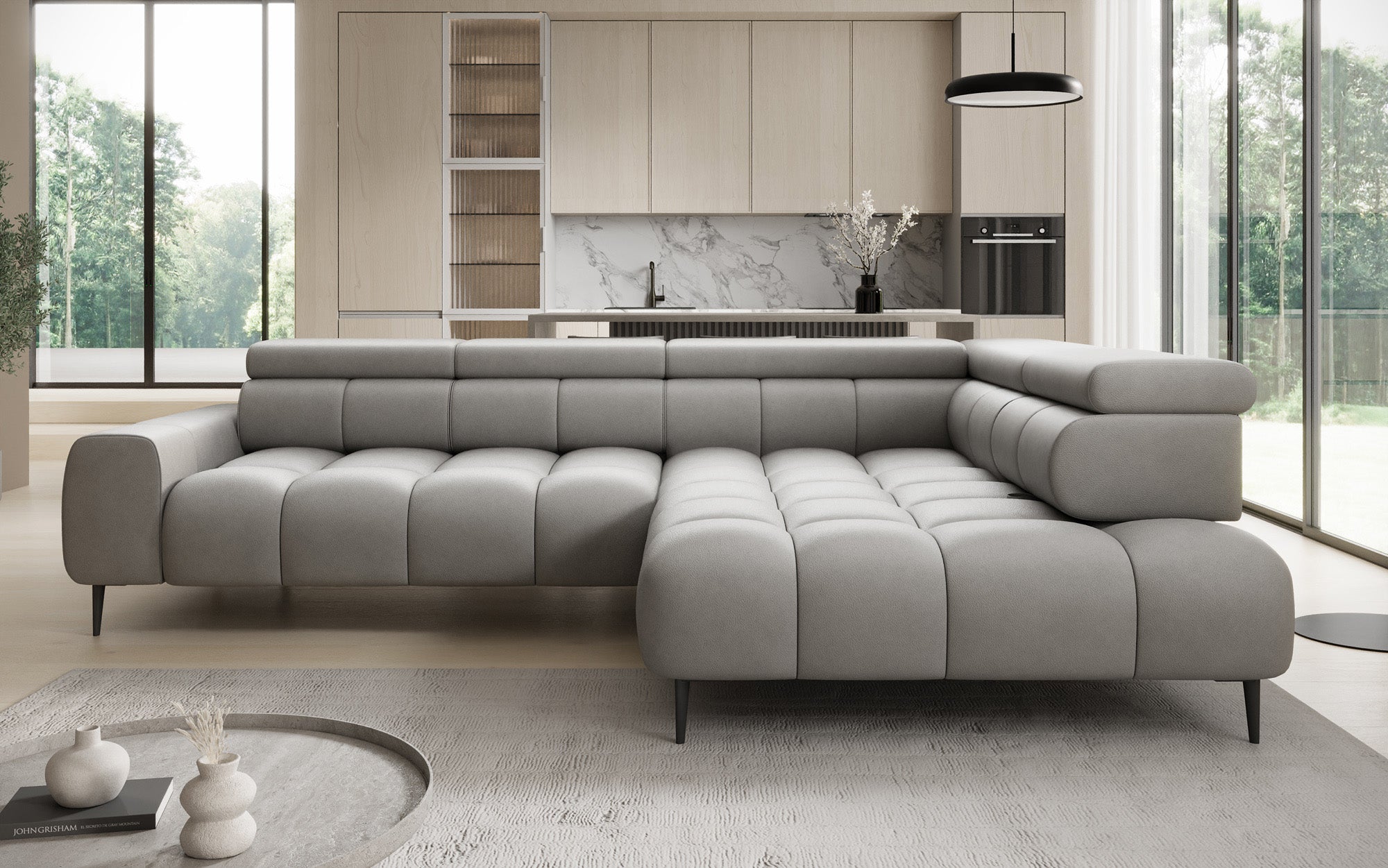 Canapé design Ceora L avec fonction de couchage électrique et dossier réglable en cuir véritable