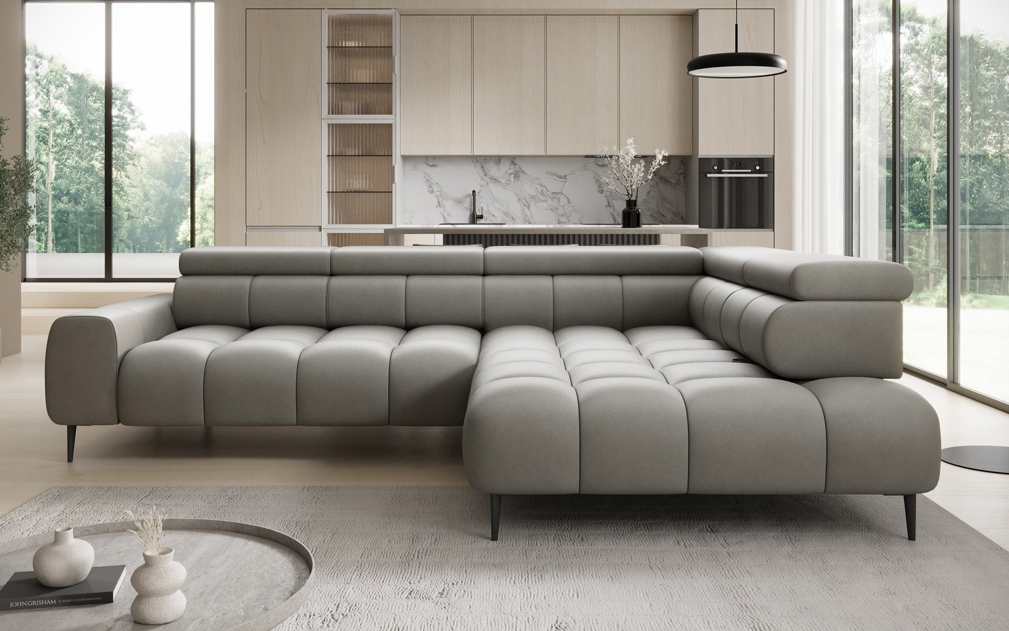 Canapé design Ceora L avec fonction de couchage électrique et dossier réglable en cuir véritable