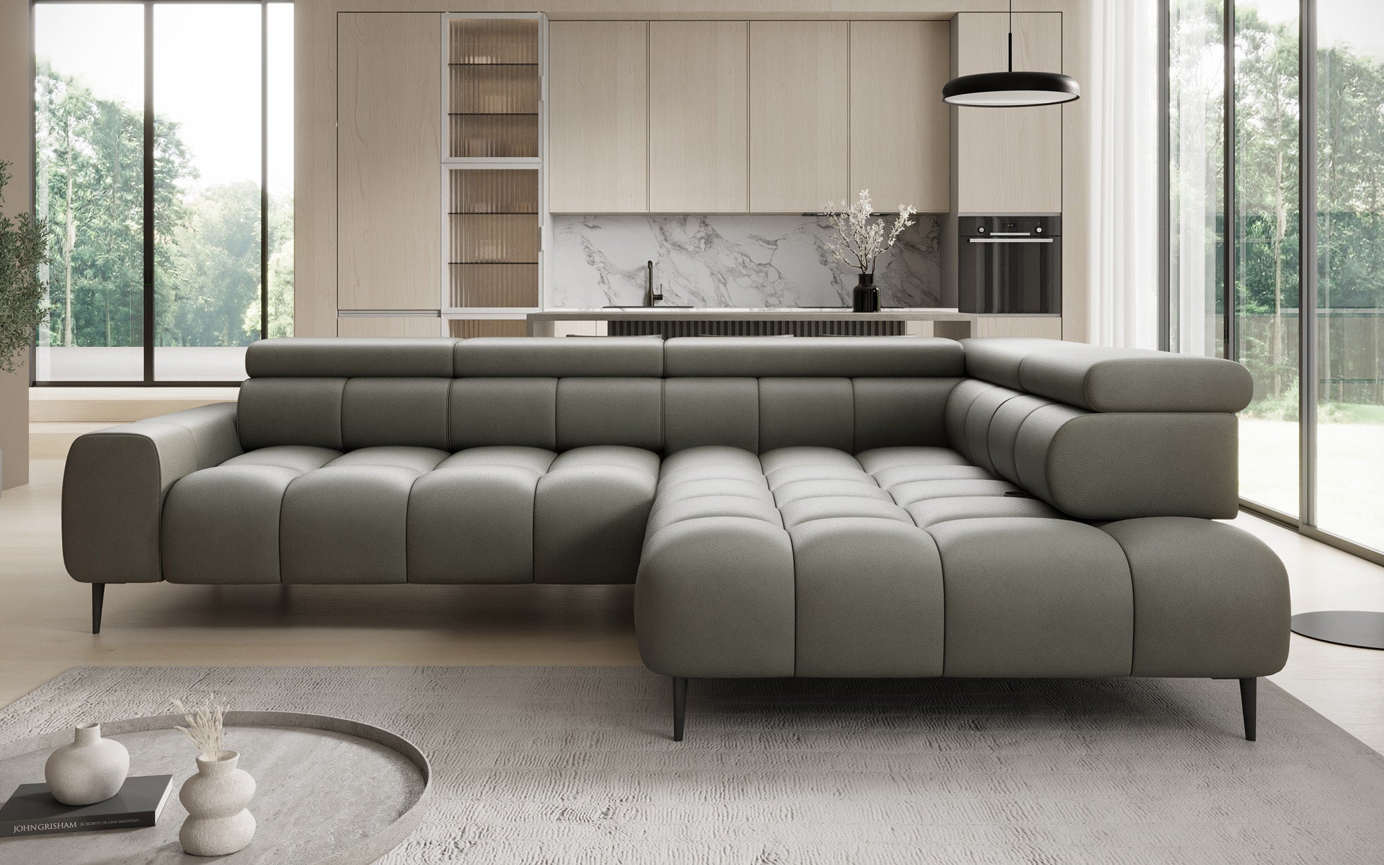 Canapé design Ceora L avec fonction de couchage électrique et dossier réglable en cuir véritable