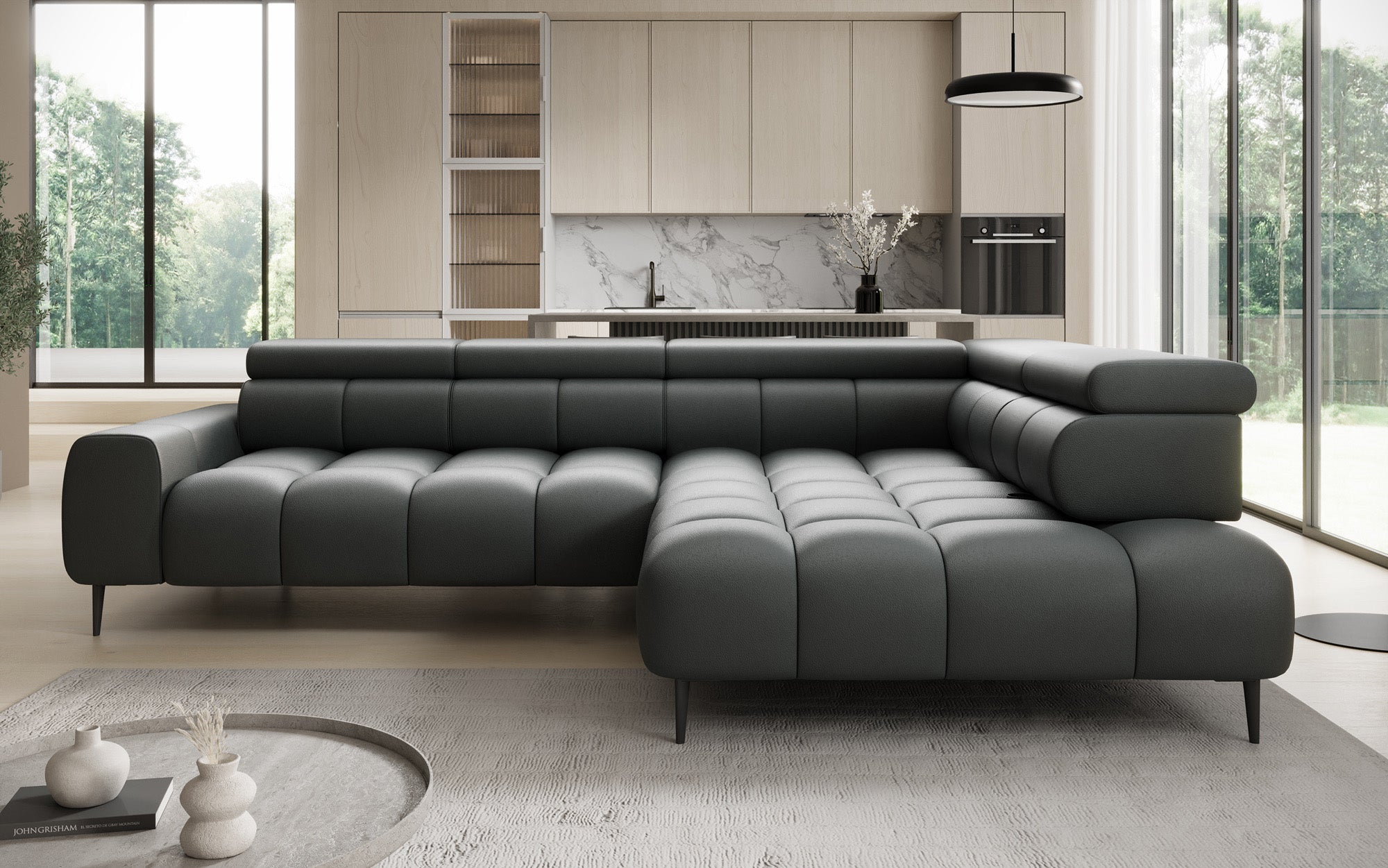 Canapé design Ceora L avec fonction de couchage électrique et dossier réglable en cuir véritable