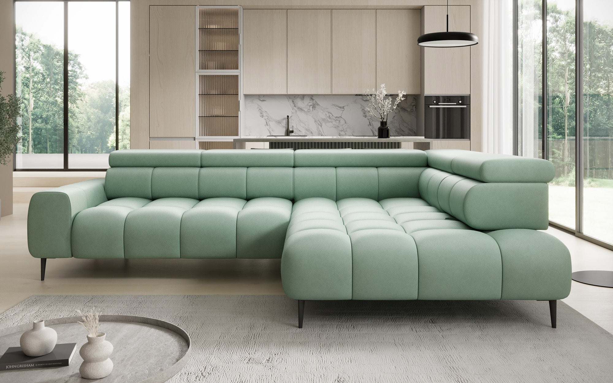 Canapé design Ceora L avec fonction de couchage électrique et dossier réglable en cuir véritable