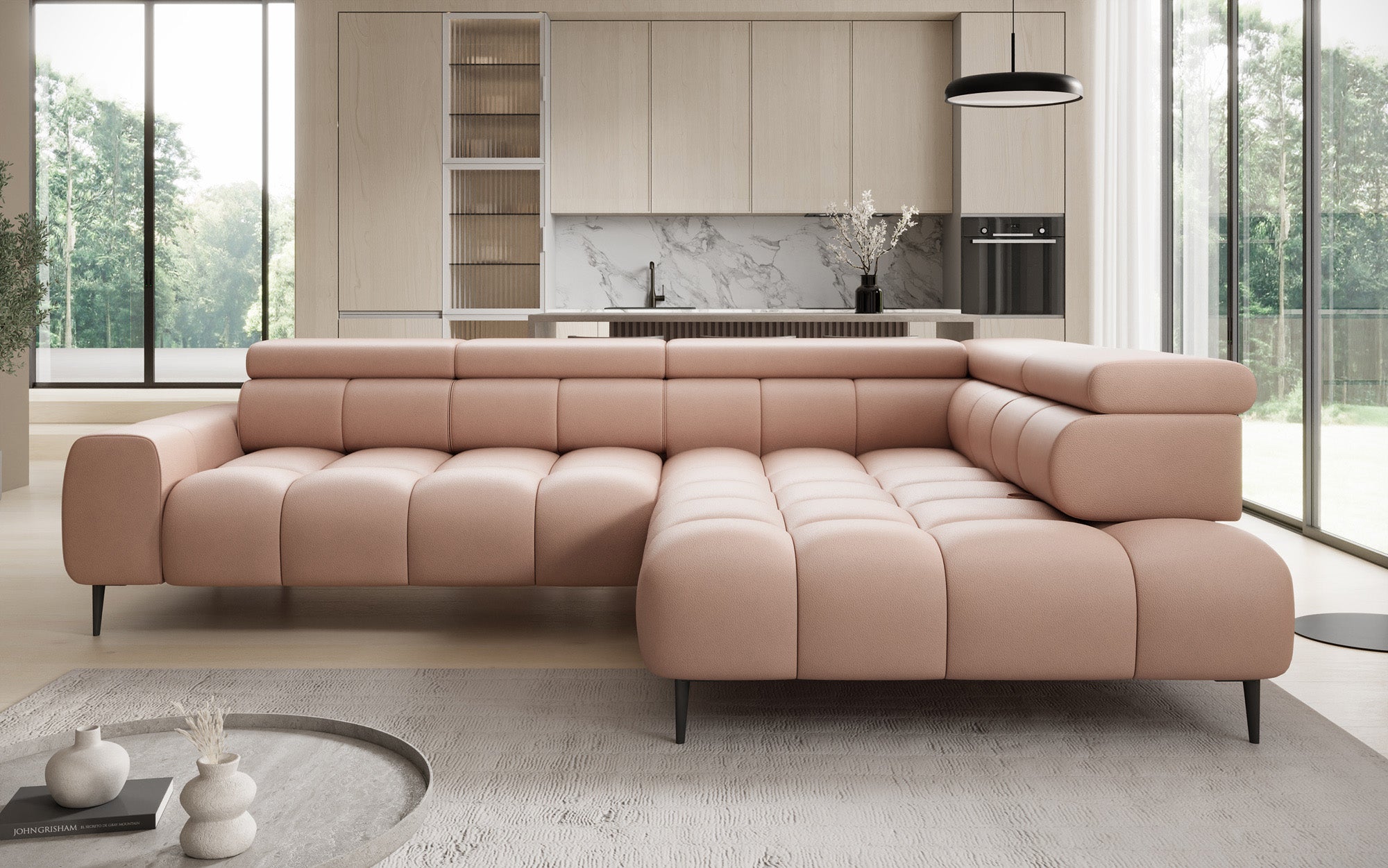 Canapé design Ceora L avec fonction de couchage électrique et dossier réglable en cuir véritable