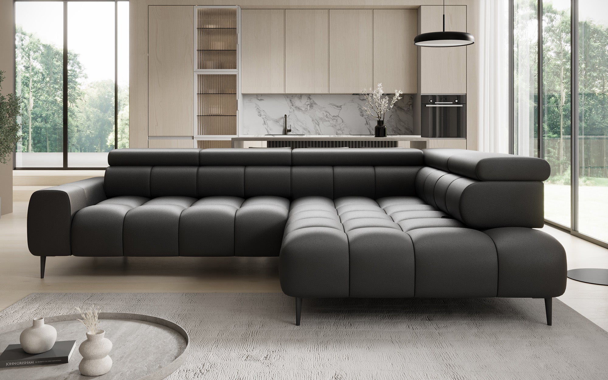 Canapé design Ceora L avec fonction de couchage électrique et dossier réglable en cuir véritable